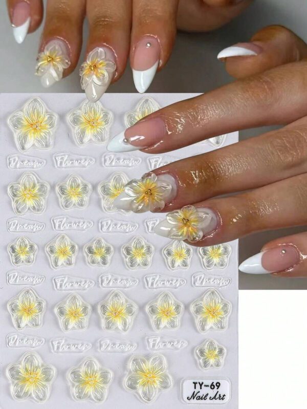 1 pièce Autocollants d'ongles avec fleurs de Sakura et d'hibiscus jaunes en relief, pétales élégants, transferts fleuris pour l'été, autocollants adhésifs de manucure, accessoires de décoration de manucure DIY, outils pour salon de manucure – Image 2