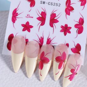 2 pièces Autocollants d'ongles 3D à pétales de fleurs rose vif et rouge, motifs à vignes de fleurs chics pour Nail Art 3D, accessoires pour manucure, designs adhésifs 3D pour vacances d'été à la plage, décoration pour Nail Art