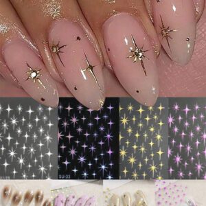 1/4 pièces Autocollants d'ongles avec explosion d'étoiles dorées au laser, décalcomanies d'art nail manucure française en métal, autocollants de décoration d'ongles en forme d'étoile à quatre branches avec dos adhésif