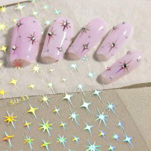 1/4 pièces Autocollants d'ongles avec explosion d'étoiles dorées au laser, décalcomanies d'art nail manucure française en métal, autocollants de décoration d'ongles en forme d'étoile à quatre branches avec dos adhésif