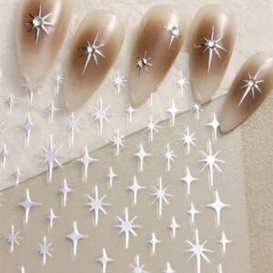 1/4 pièces Autocollants d'ongles avec explosion d'étoiles dorées au laser, décalcomanies d'art nail manucure française en métal, autocollants de décoration d'ongles en forme d'étoile à quatre branches avec dos adhésif