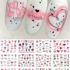1 pièce 12 designs d'autocollants de transfert d'eau pour ongles avec des cœur roses, gâteau, cœur sucrés. Décalcomanies DIY pour la Saint-Valentin, décoration pour manucure