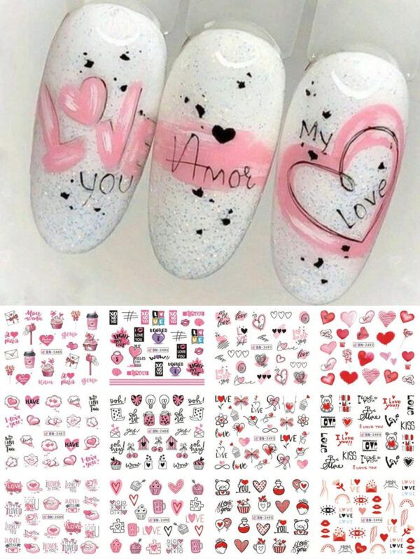 1 pièce 12 designs d'autocollants de transfert d'eau pour ongles avec des cœur roses, gâteau, cœur sucrés. Décalcomanies DIY pour la Saint-Valentin, décoration pour manucure – Image 2