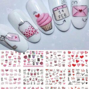 1 pièce 12 designs d'autocollants de transfert d'eau pour ongles avec des cœur roses, gâteau, cœur sucrés. Décalcomanies DIY pour la Saint-Valentin, décoration pour manucure