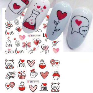 1 pièce 12 designs d'autocollants de transfert d'eau pour ongles avec des cœur roses, gâteau, cœur sucrés. Décalcomanies DIY pour la Saint-Valentin, décoration pour manucure