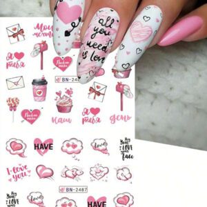 1 pièce 12 designs d'autocollants de transfert d'eau pour ongles avec des cœur roses, gâteau, cœur sucrés. Décalcomanies DIY pour la Saint-Valentin, décoration pour manucure