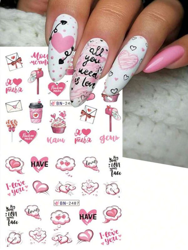 1 pièce 12 designs d'autocollants de transfert d'eau pour ongles avec des cœur roses, gâteau, cœur sucrés. Décalcomanies DIY pour la Saint-Valentin, décoration pour manucure – Image 6
