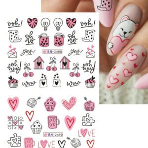 1 pièce 12 designs d'autocollants de transfert d'eau pour ongles avec des cœur roses, gâteau, cœur sucrés. Décalcomanies DIY pour la Saint-Valentin, décoration pour manucure