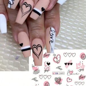 1 pièce 12 designs d'autocollants de transfert d'eau pour ongles avec des cœur roses, gâteau, cœur sucrés. Décalcomanies DIY pour la Saint-Valentin, décoration pour manucure