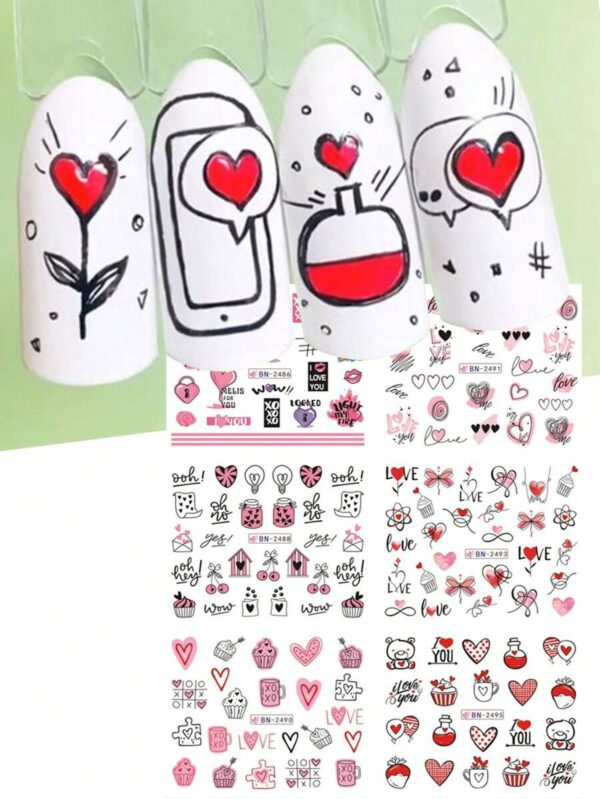 1 pièce 12 designs d'autocollants de transfert d'eau pour ongles avec des cœur roses, gâteau, cœur sucrés. Décalcomanies DIY pour la Saint-Valentin, décoration pour manucure – Image 9