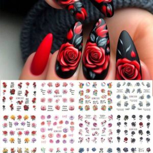 1 pièce 12 designs d'autocollants de transfert d'eau pour ongles avec des cœur roses, gâteau, cœur sucrés. Décalcomanies DIY pour la Saint-Valentin, décoration pour manucure