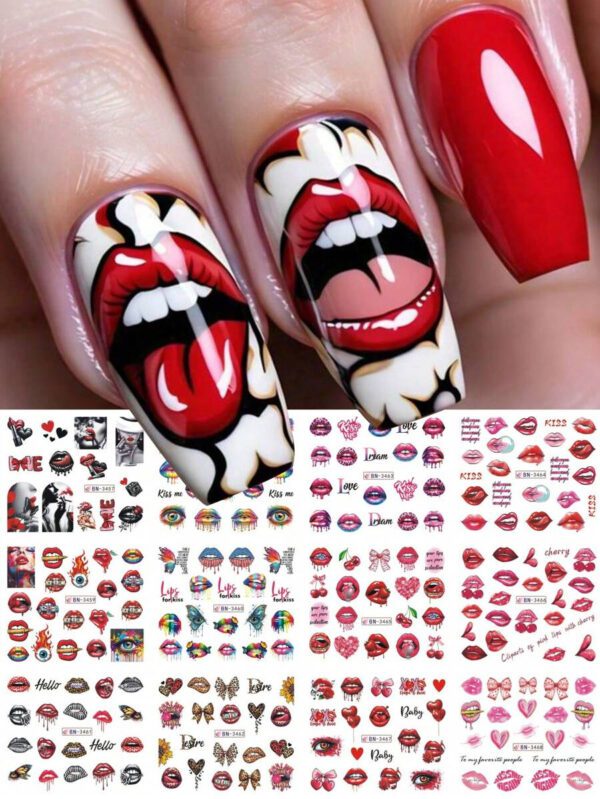 1 pièce 12 designs d'autocollants de transfert d'eau pour ongles avec des cœur roses, gâteau, cœur sucrés. Décalcomanies DIY pour la Saint-Valentin, décoration pour manucure – Image 22