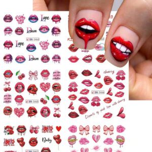 1 pièce 12 designs d'autocollants de transfert d'eau pour ongles avec des cœur roses, gâteau, cœur sucrés. Décalcomanies DIY pour la Saint-Valentin, décoration pour manucure