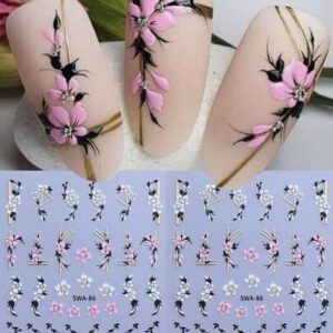 2 pièces Autocollants d'art pour ongles avec designs de fleurs 3D printemps rose et jaune, feuilles, lignes dorées géométriques. Décalcomanies 3D autoadhésives pour la manucure, fournitures pour les femmes et les filles