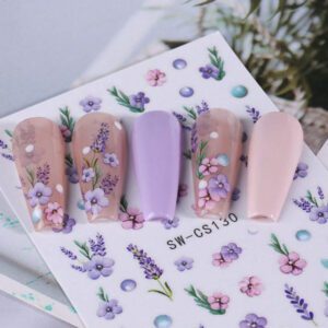 2 pièces Autocollants d'art pour ongles avec designs de fleurs 3D printemps rose et jaune, feuilles, lignes dorées géométriques. Décalcomanies 3D autoadhésives pour la manucure, fournitures pour les femmes et les filles