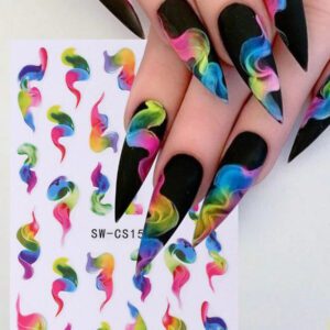 2 pièces Autocollants d'art pour ongles avec designs de fleurs 3D printemps rose et jaune, feuilles, lignes dorées géométriques. Décalcomanies 3D autoadhésives pour la manucure, fournitures pour les femmes et les filles