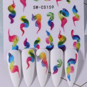 2 pièces Autocollants d'art pour ongles avec designs de fleurs 3D printemps rose et jaune, feuilles, lignes dorées géométriques. Décalcomanies 3D autoadhésives pour la manucure, fournitures pour les femmes et les filles