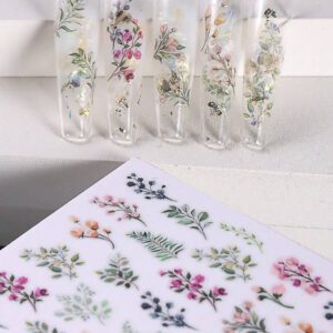 2 pièces Autocollants d'art pour ongles avec designs de fleurs 3D printemps rose et jaune, feuilles, lignes dorées géométriques. Décalcomanies 3D autoadhésives pour la manucure, fournitures pour les femmes et les filles