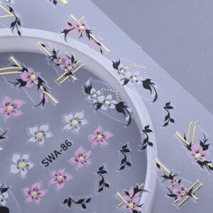 2 pièces Autocollants d'art pour ongles avec designs de fleurs 3D printemps rose et jaune, feuilles, lignes dorées géométriques. Décalcomanies 3D autoadhésives pour la manucure, fournitures pour les femmes et les filles