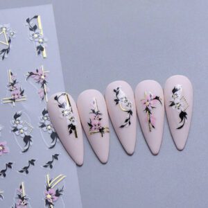 2 pièces Autocollants d'art pour ongles avec designs de fleurs 3D printemps rose et jaune, feuilles, lignes dorées géométriques. Décalcomanies 3D autoadhésives pour la manucure, fournitures pour les femmes et les filles