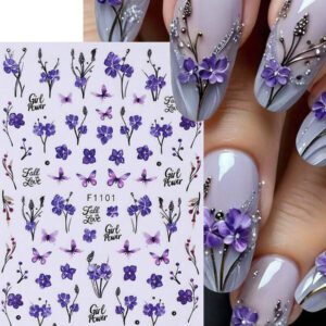 2 pièces Autocollants d'art pour ongles avec designs de fleurs 3D printemps rose et jaune, feuilles, lignes dorées géométriques. Décalcomanies 3D autoadhésives pour la manucure, fournitures pour les femmes et les filles