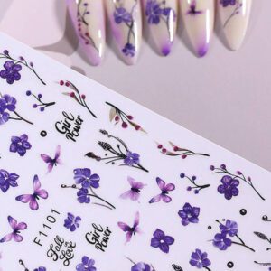 2 pièces Autocollants d'art pour ongles avec designs de fleurs 3D printemps rose et jaune, feuilles, lignes dorées géométriques. Décalcomanies 3D autoadhésives pour la manucure, fournitures pour les femmes et les filles