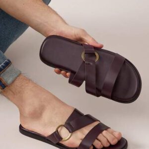 SHUZIA Boucle d'anneau de luxe silencieuse pour hommes, sangle coulissante en PU confortable de couleur café. Sandales sécurisées avec amortissement et antidérapantes pour un port toute la journée. Cadeau de fête des mères