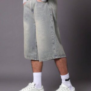 SUMWON Short en jean ample et ample, style skateboard streetwear, festival d'été, déchiré, longueur genou, lavage clair vintage