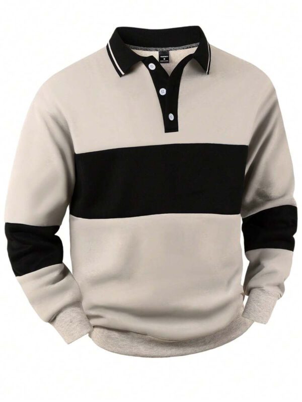 Manfinity Homme Sweat-shirt à manches longues à boutons et rayures pour hommes, col zippé, décontracté, couleurs contrastées, cadeau pour amis, maris, copains – Image 6