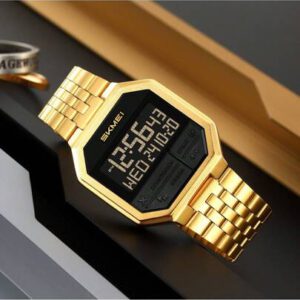 Skmei Montre numérique pour hommes Skmei 2350 avec bracelet en acier inoxydable, étanche jusqu'à 30 mètres, montre-bracelet de luxe dorée