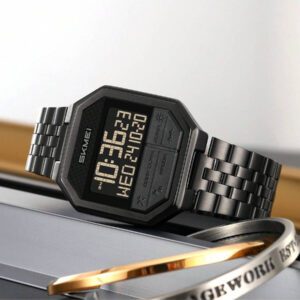 Skmei Montre numérique pour hommes Skmei 2350 avec bracelet en acier inoxydable, étanche jusqu'à 30 mètres, montre-bracelet de luxe dorée