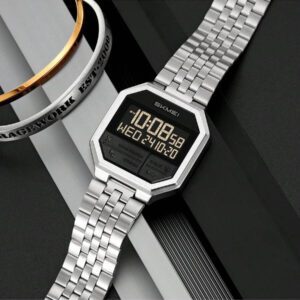 Skmei Montre numérique pour hommes Skmei 2350 avec bracelet en acier inoxydable, étanche jusqu'à 30 mètres, montre-bracelet de luxe dorée