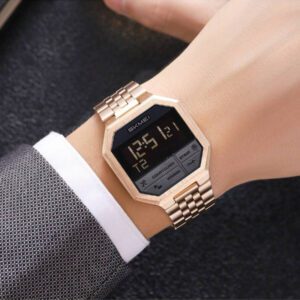 Skmei Montre numérique pour hommes Skmei 2350 avec bracelet en acier inoxydable, étanche jusqu'à 30 mètres, montre-bracelet de luxe dorée