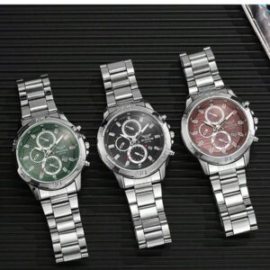 1 pièce Montre à quartz de mode masculine avec cadran décoratif à 3 yeux, échelle linéaire, bracelet en acier inoxydable, convenant pour un usage quotidien, les cadeaux, etc.