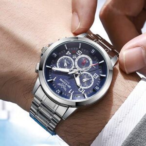 1 pièce Montre à quartz de mode masculine avec cadran décoratif à 3 yeux, échelle linéaire, bracelet en acier inoxydable, convenant pour un usage quotidien, les cadeaux, etc.