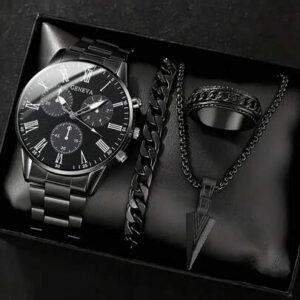 Ensemble de 4 pièces de montres à quartz mode pour hommes - Collier pendentif style flèche, bracelet, bague, montre en acier inoxydable avec affichage analogique précis, confortable, convient pour le casual et les sports - cadeau idéal pour lui
