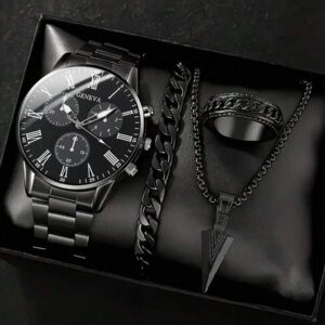 Ensemble de 4 pièces de montres à quartz mode pour hommes - Collier pendentif style flèche, bracelet, bague, montre en acier inoxydable avec affichage analogique précis, confortable, convient pour le casual et les sports - cadeau idéal pour lui