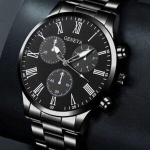 Ensemble de 4 pièces de montres à quartz mode pour hommes - Collier pendentif style flèche, bracelet, bague, montre en acier inoxydable avec affichage analogique précis, confortable, convient pour le casual et les sports - cadeau idéal pour lui
