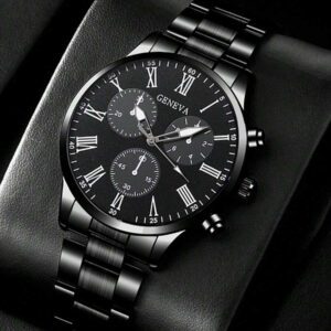 Ensemble de 4 pièces de montres à quartz mode pour hommes - Collier pendentif style flèche, bracelet, bague, montre en acier inoxydable avec affichage analogique précis, confortable, convient pour le casual et les sports - cadeau idéal pour lui