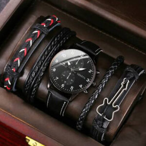 5 pièces Ensemble de bracelet à perles de guitare vintage et montre à quartz en PU pour hommes, affichage de simulation précis, confortable, cadeau idéal