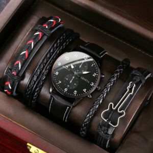 5 pièces Ensemble de bracelet à perles de guitare vintage et montre à quartz en PU pour hommes, affichage de simulation précis, confortable, cadeau idéal