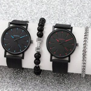 4 pièces/set Montre pour homme avec 2 bracelets noirs, boîtier rond à cadran à quartz mode, et 2 bracelets de chaîne. Pour la décoration quotidienne en tant que cadeau