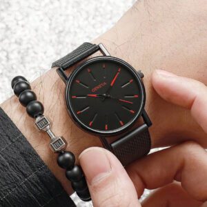 4 pièces/set Montre pour homme avec 2 bracelets noirs, boîtier rond à cadran à quartz mode, et 2 bracelets de chaîne. Pour la décoration quotidienne en tant que cadeau