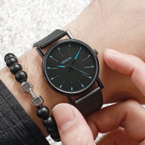 4 pièces/set Montre pour homme avec 2 bracelets noirs, boîtier rond à cadran à quartz mode, et 2 bracelets de chaîne. Pour la décoration quotidienne en tant que cadeau