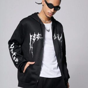 Manfinity LEGND sweat-shirt à capuche zippé pour hommes avec motif graphique et cordon de serrage, à porter en extérieur. sweat-shirt à capuche zippé noir à manches longues, streetwear. Cadeau idéal pour les amis, le mari, le petit ami.