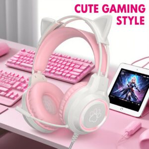 Casque de jeu avec oreilles de chat amovibles, écouteurs avec câble 3,5 mm, microphone réglable, serre-tête rembourrés rétractables, annulation du bruit et écouteurs avec éclairage RVB
