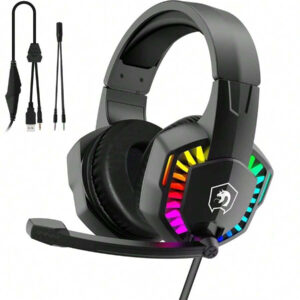 LexonTech Casque de jeu RVB, son surround stéréo 5.1 canaux, casque filaire LED sur l'oreille de 3,5 mm confortable avec microphone antibruit et contrôle du volume en ligne pour PC, ordinateur portable, smartphone