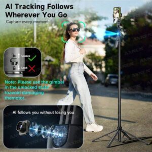 Trépied de suivi du visage automatique pour smartphones, bâton à selfie Bluetooth 3 en 1 en aluminium extensible, trépied pour téléphone portable avec rotation à 360°, télécommande sans fil et support de téléphone, bâton à selfie trépied pour iPhone 16/15/14/13/12 Pro, téléphone Android, noir