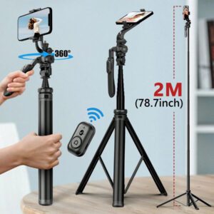 AXNEN Perche à selfie trépied de 78,74" (2 mètres), tout en un: trépied pour téléphone portable extensible, monopode repliable pour voyage avec télécommande sans fil, compatible avec les selfies de téléphone portable iPhone et Android, pour enregistrement vidéo d'une caméra d'action GoPro, vlogging, maintien stable d'une diffusion en direct en aluminium