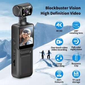 NOUVEAU Mini caméra d'action 4K Ultra HD 180 degrés rotative Vlog Wifi Caméra sport Étui étanche Casque Voyage Vélo Enregistreur conducteur
